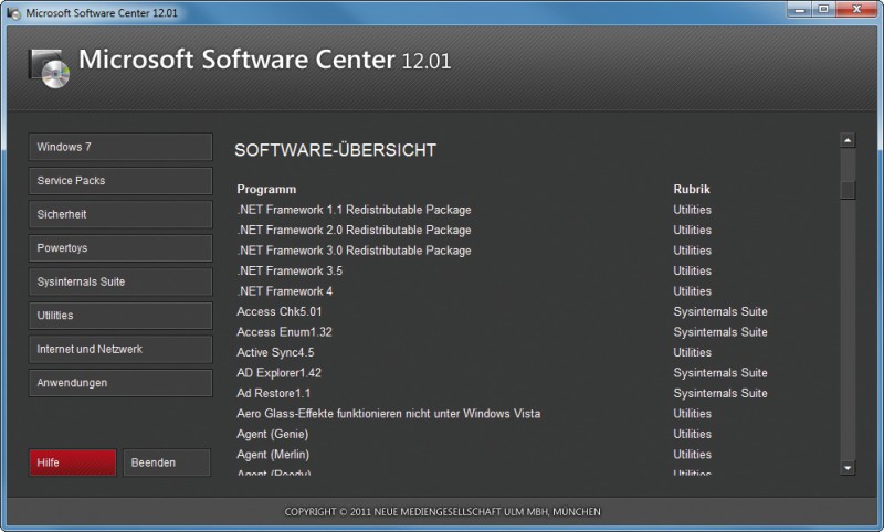 Software-Übersicht: Ein Klick auf den Button „Hilfe“ zeigt eine alphabetisch sortierte Liste aller Programme des Microsoft Software Centers. Auch diese Liste lässt sich mit [Strg F] durchsuchen.