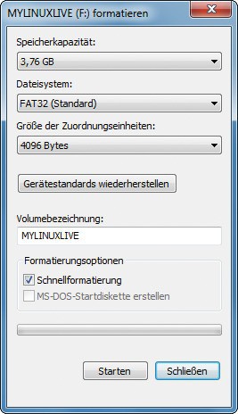USB-Stick formatieren: Nehmen Sie als Dateisystem FAT32, weil sich der Stick mit NTFS nicht booten lässt (Bild 2).