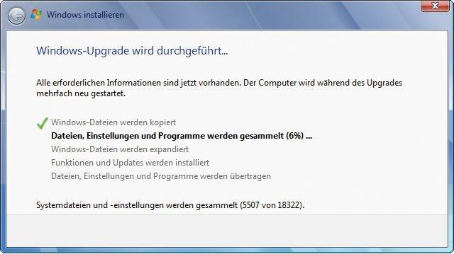 Windows-Upgrade: Das Setup von Windows 7 ermittelt im Lauf der Installation alle vorhandenen Einstellungen und Anwendungen. Diese werden in die Neuinstallation übernommen.