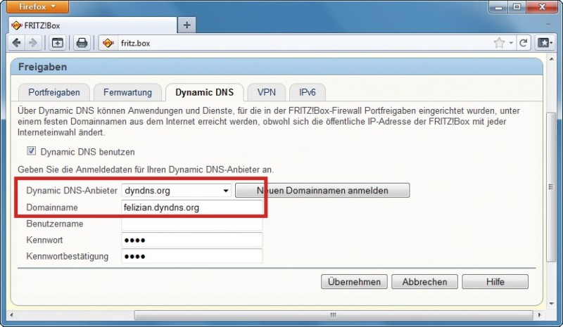 Dynamic DNS nutzen: Geben Sie hier die Zugangsdaten für einen DynDNS-Dienst ein. So ist die Fritzbox immer unter demselben Domain-Namen erreichbar (Bild 6).