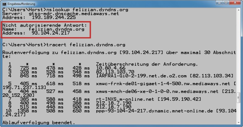 DynDNS kontrollieren: In diesem Beispiel verweist die DynDNS-Domain „http://felizian.dyndns.org“ an die IP-Adresse „93.104.24.217“ (Bild 3).