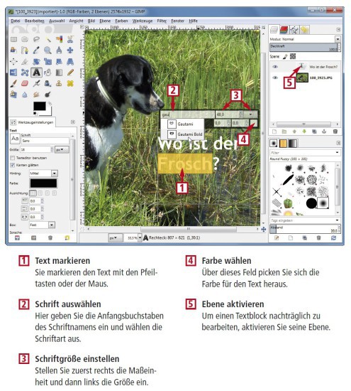Gimp 2.8 erlaubt jetzt, Text direkt im Bild zu bearbeiten — ohne Umweg über einen Dialog (kostenlos, www.gimp.org). Für jeden Textblock legt das Programm eine eigene Bildebene an.