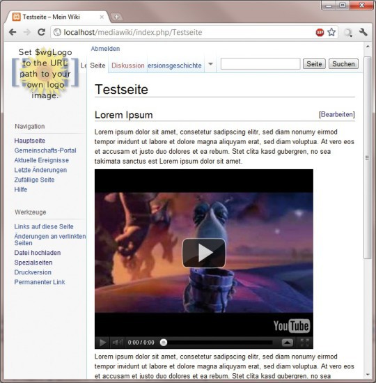 Videos einbauen: Wenn Sie Videos in Ihrem Wiki verwenden möchten, installieren Sie die Erweiterung Videoflash. Damit lassen sich beispielsweise Youtube-Video übe den „videoflash“-Tag integrieren (Bild 8).