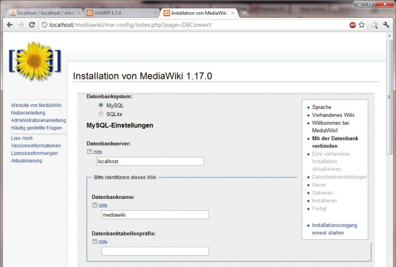Mediawiki-Installation: Ein webbasierter Assistent führt durch die Installation und fragt etwa die Datenbankzugangsdaten (Bild 2).