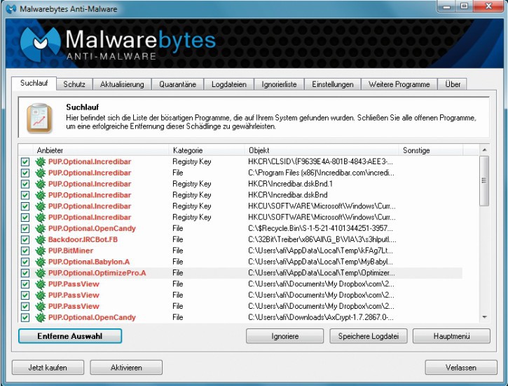 Trojaner aufspüren: Malwarebytes Anti-Malware hat auf diesem PC mehrere schädliche Objekte gefunden.