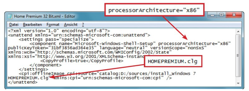 Antwortdatei:Das Kommandozeilen-Tool Dism und diese XML-Datei versiegeln ein Referenz-Windows mit Windows 7 Home Premium (HOMEPREMIUM.clg) in der 32-Bit-Variante (processorArchitecture="x86").