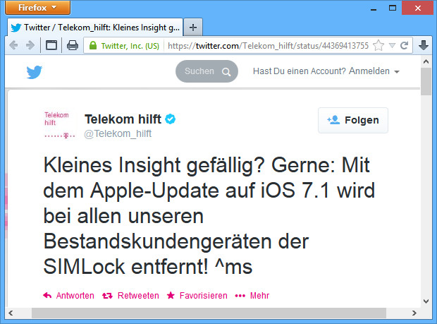 Twitter-Nachricht der Telekom: Mit dieser kurzen Meldung machte der Telekom-Service darauf aufmerksam, dass mit iOS 7.1 der SIM-Lock bei allen iPhones entfernt wird.