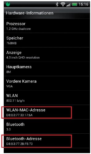 Android: Android-Smartphones zeigen die MAC-Adresse des WLAN- und auch des Bluetooth-Adapters in den allgemeinen Hardware-Informationen an.