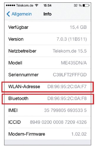 BetriebsMAC-Adresse des iPhones: Auch das iPhone hat eine MAC-Adresse. Sie finden sie unter „Einstellungen, Allgemein, Info, WLAN-Adresse“.