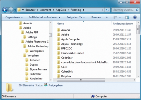 AppData - Das Benutzerverzeichnis „AppData“ ist der zentrale Ordner, in dem installierte Programme zahlreiche Einstellungen und Daten speichern. Dazu gehören Vorlagen, Einstellungen für Office-Programme, Daten von Outlook oder dem Internet Explorer, Signa