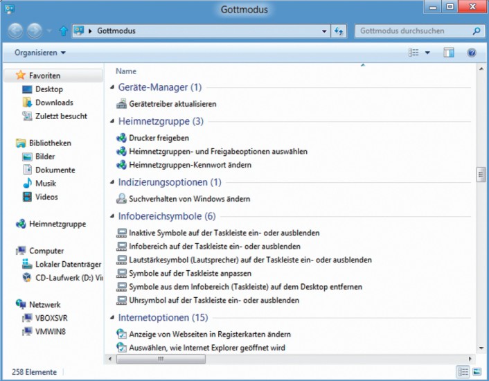 Gottmodus für Windows 8: Der praktische Gottmodus, der 250 Systemeinstellungen in einem Fenster verfügbar macht, lässt sich auch unter Windows 8 wieder einrichten.