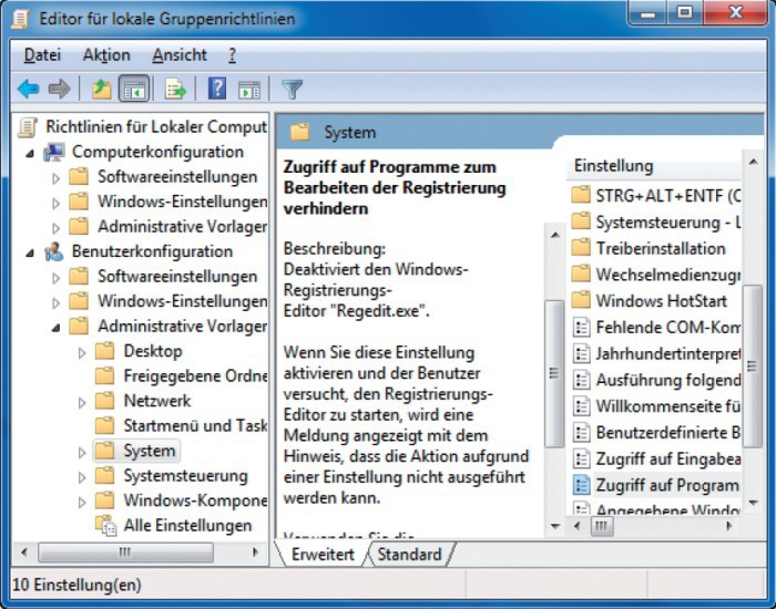 Registry schützen: Damit niemand die Windows-Registry verändern kann, unterbindet Gpedit den Zugriff auf den Registrierungs-Editor.