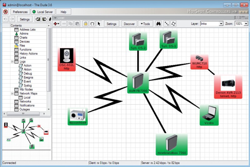 Ihr Heimnetz als Schaubild: The Dude 3.6 entwirft eine interaktive Grafik Ihres Netzwerks. Im Zentrum steht der Router. Geräte, die gerade keine Verbindung zum Netzwerk haben, sind rot dargestellt.
