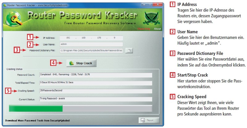 So geht’s: Das Tool Router Password Kracker probiert so lange verschiedene Passwörter am HTTP-Zugang aus, bis es einen Treffer gelandet hat – oder eine neue Passwortliste benötigt.