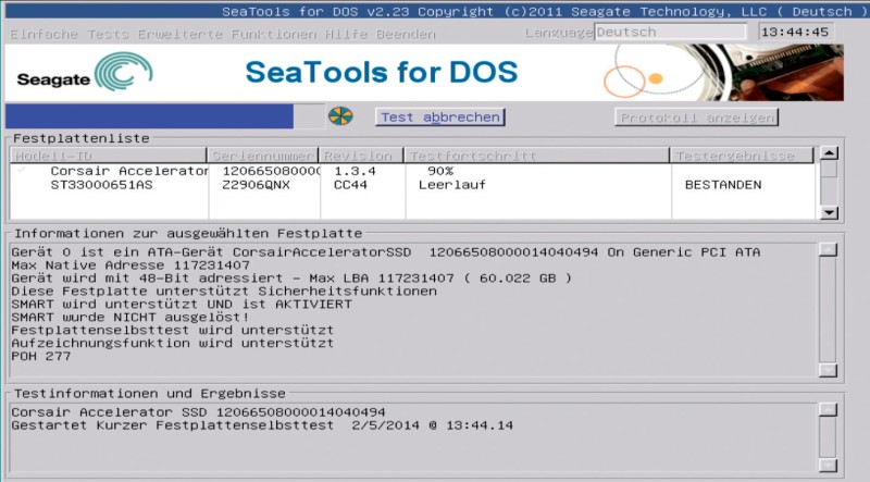Seatools für DOS: Die Software von Seagate startet vom USB-Stick und analysiert Ihre Festplatte.