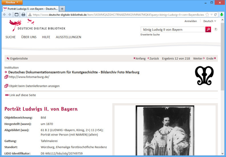Kulturelles und wissenschaftliches Erbe: In der Deutschen Digitalen Bibliothek stehen zahlreiche Werke digital per Mausklick zum Abruf bereit –  wie hier ein Gemälde König Ludwigs II. aus dem 19. Jahrhundert.