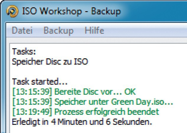 ISO-Image erstellen: Hier hat ISO Workshop in gut 4 Minuten aus einer Film-DVD mit 3,3 GByte ein ISO-Image erstellt.