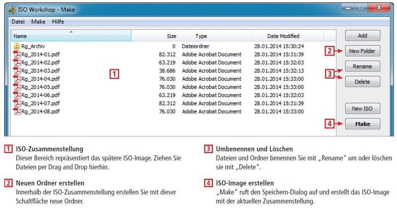 So geht’s: ISO Workshop erstellt ISO-Images von Dateien und Ordnern auf Ihrer Festplatte. Dazu ziehen Sie die Dateien aus dem Windows-Explorer per Drag and Drop in das Zusammenstellungsfenster für das ISO-Image.