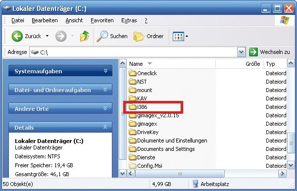 Ordner „i386“ mit den Setup-Dateien:Wenn sich dieser Ordner auf der Recovery-CD oder dem PC befindet, lässt sich daraus eine vollwertige Setup-CD erstellen. Er enthält nämlich die Installationsdateien von XP (Bild 2).
