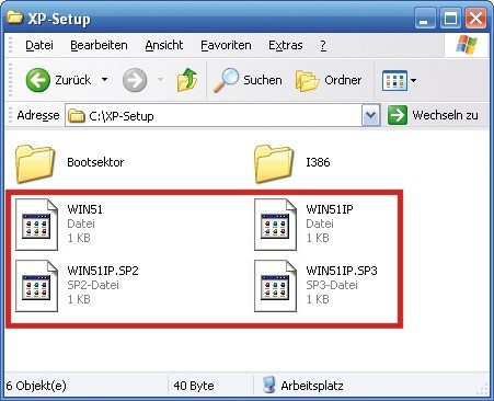 Identifikations-Dateien: Erstellen Sie diese vier WIN51-Dateien. Sie enthalten Informationen darüber,
welche XP-Version und welches Service-Pack die Setup-CD installiert, hier XP Professional SP3 (Bild 3)