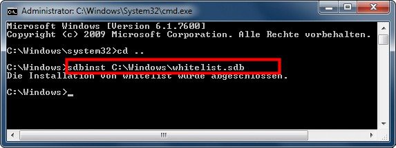 Datenbank des Application Compatibility Toolkits installieren: Dieser Befehl installiert die Datenbank „whitelist.sdb“. Alle dort eingetragenen Programme werden von der UAC ignoriert (Bild 10)