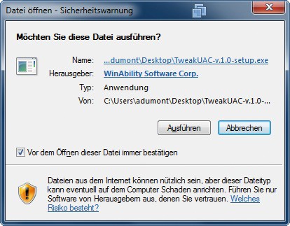 Sicherheitswarnung der UAC: Diese Meldung vor der Installation eines Programms ist der einzige Schutz vor Malware in der UAC (Bild 2).