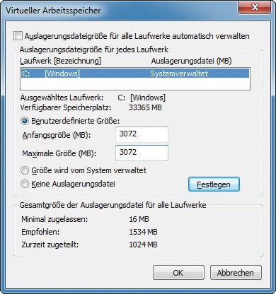 Auslagerungsdatei: Windows lagert einen Teil des Arbeitsspeichers in diese Datei auf der Festplatte aus. Beschleunigen Sie das System, indem Sie der Auslagerungsdatei eine feste Größe zuweisen (Bild 1).
