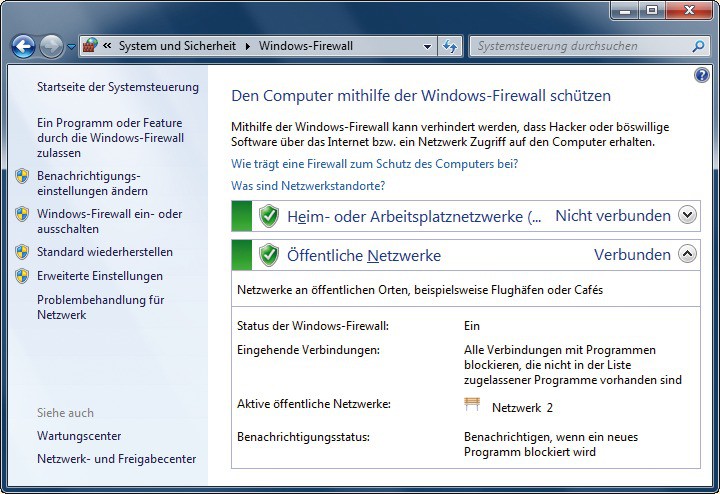 Windows-Firewall: Windows 7 unterscheidet zwischen Heim- oder Arbeitsplatznetzwerken und öffentlichen Netzwerken (Bild 1).