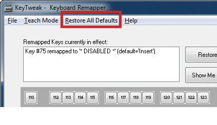 Standardtastenbelegung wiederherstellen: Der Menüpunkt „Restore All Defaults“ macht alle Änderungen der Tastaturbelegung rückgängig.