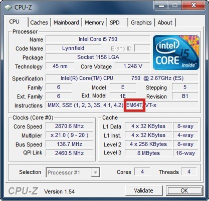 CPU-Z: Wenn unter „Instructions“ die Angabe „x86-64“ oder „EM64T“ steht, dann unterstützt die CPU 64 Bit.