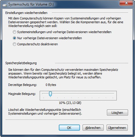 Computerschutz: Hier legen Sie fest, wie Windows das Laufwerk überwacht und wie viel Speicherplatz Windows dafür verbrauchen darf (Bild 7).
