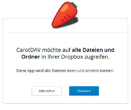 Zugriff zulassen: Cloud-Dienste wie Dropbox oder Google verlangen für CarotDAV eine Zugriffserlaubnis.