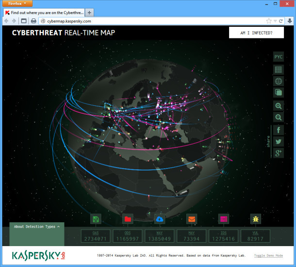Interaktive Malware-Karte: Mit dem Mauszeiger dreht man die Weltkugel, mit dem Scrollrad zoomt man in Länder hinein und heraus.
