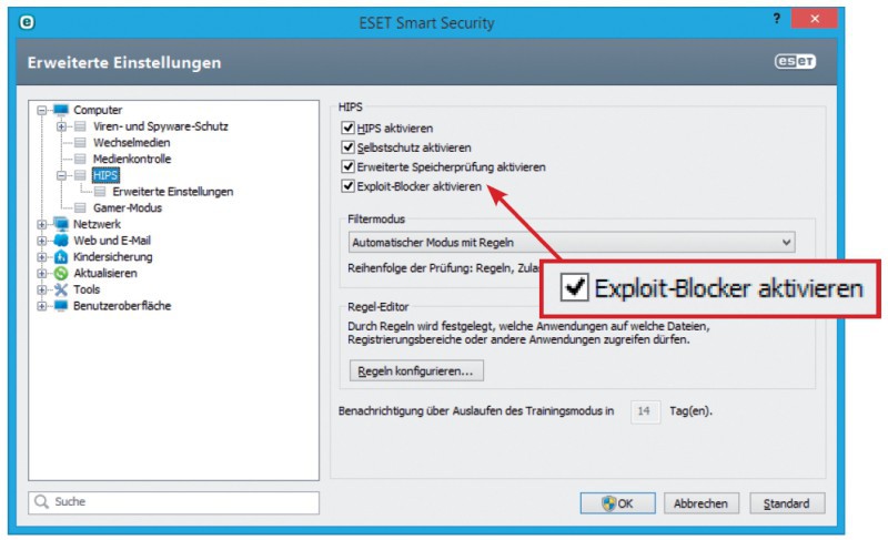 Eset Smart Security 7: Aktuelle Virenschutzprogramme wie Smart Security 7 von Eset enthalten Exploit-Blocker. Hier genügt ein Häkchen, um ihn zu aktivieren.
