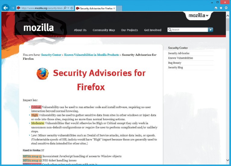 Sicherheitshinweise: Mozilla pflegt eine detaillierte Liste mit den in Firefox entdeckten Sicherheitslücken. Sie zeigt, was diese anrichten können und wann sie geschlossen wurden.