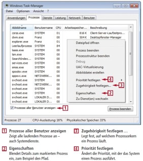 Der Windows Task-Manager von Windows 7 ist die Steuerzentrale für alle laufenden Windows-Prozesse. Sie rufen ihn mit der Tastenkombination [Strg Umschalt Esc] auf (Bild 4).