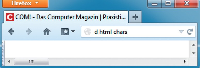 Schnellzugriff: Die Eingabe d html chars in der Firefox-Adresszeile ruft die Suche „html chars“ direkt in Duck Duck Go auf. Der Grund: In Firefox ist das Schlüsselwort „d“ für Duck Duck Go hinterlegt.
