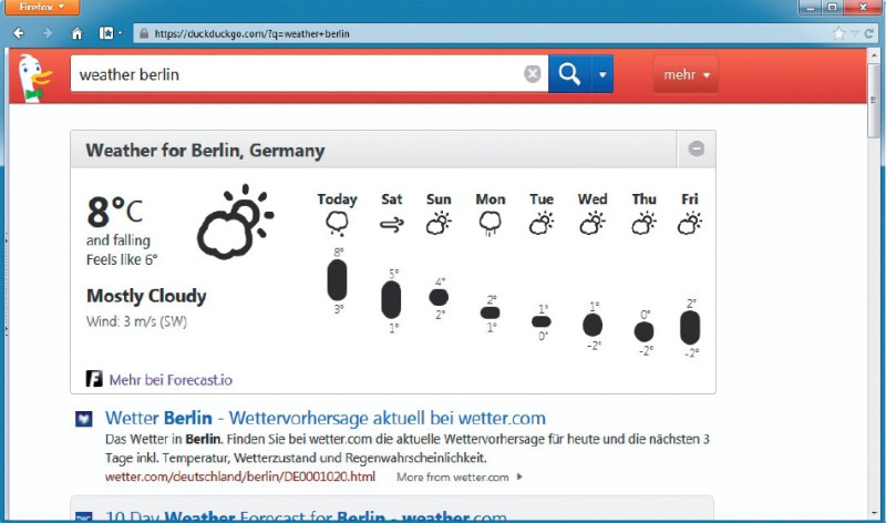 Wetter-Goodie: Die Eingabe weather berlin zeigt das Wetter in Berlin über den eigentlichen Suchergebnissen an.