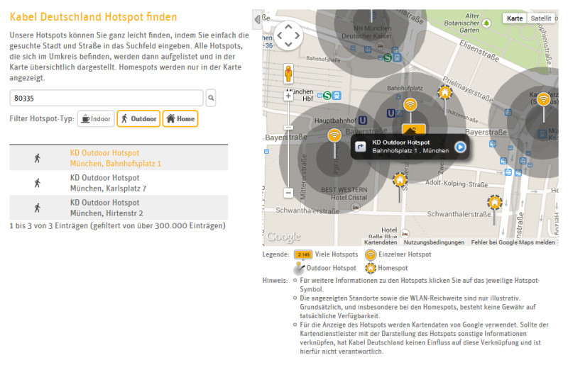 Hotspotfinder: Die Online-Anwendung führt Sie zum nächstgelegenen WLAN-Hotspot von Kabel Deutschland.