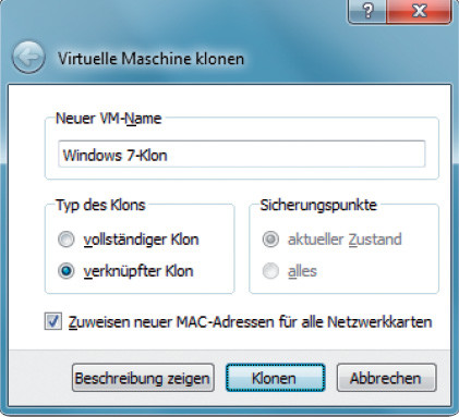 VirtualBox: Das Programm bietet die meisten Funktionen. So kann es als einziges virtuelle PCs klonen.