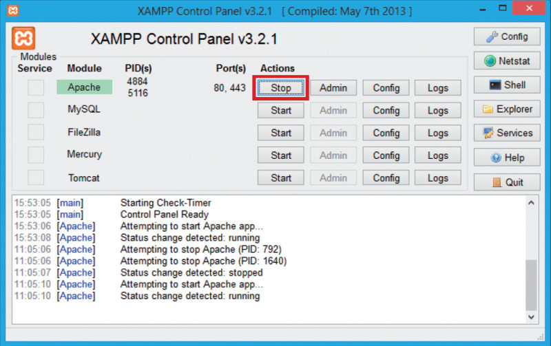 Xampp: Für Php VirtualBox benötigen Sie einen Webserver wie Xampp auf Ihrem PC. Stoppen und starten Sie ihn mit dieser Schaltfläche.