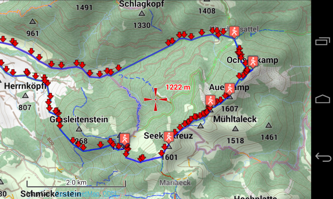 Nutzer der kostenpflichtigen Android-App Locus Map Pro (7,50 Euro) haben zudem die Möglichkeit, eine Geländeschummerung zu aktivieren. Bei Bergwanderungen, hier etwa zum Seekar bei Lenggries, erhalten Sie dann einen sehr plastischen Eindruck des Geländes.