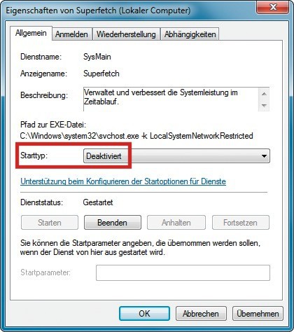 Superfetch deaktivieren: Für den Betrieb einer SSD unterbinden Sie bei „Starttyp“ den Windows-Dienst „Superfetch“. Sie vermindern dadurch Schreibzugriffe auf die Flashzellen der SSD.
