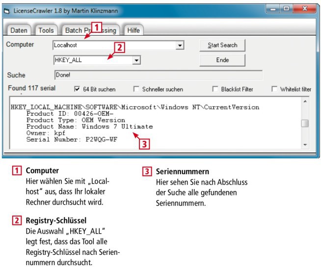 So geht’s: Das kostenlose License Crawler durchsucht die Registry des Rechners nach Seriennummern für installierte Anwendungen. Das Tool findet zum Beispiel Seriennummern für Windows und Microsoft Office.