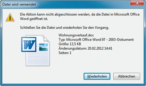 Gesperrte Dateien: Hier lässt sich eine Datei nicht löschen, weil sie von Word gesperrt ist — obwohl das Programm schon gar nicht mehr läuft.