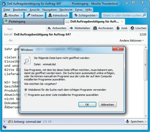 „winmail.dat“- Dateien öffnen: Viele E-Mail-Programme wie Thunderbird können mit diesen Dateien nichts anfangen.