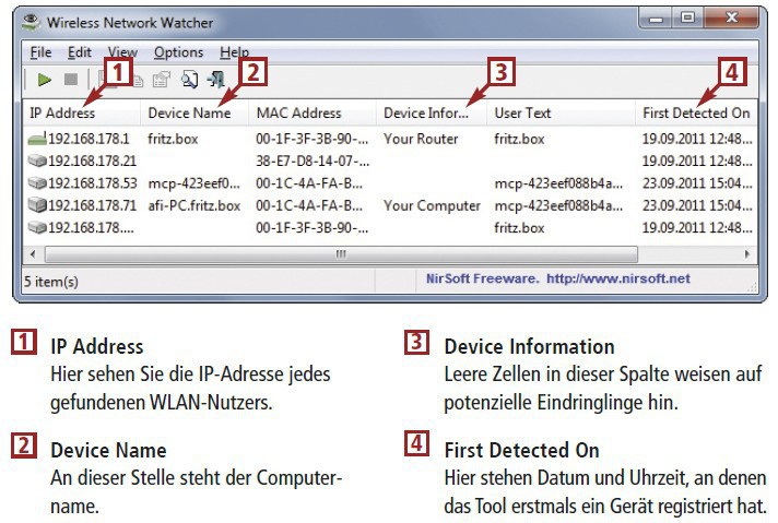 So geht’s: Wireless Network Watcher spürt alle an Ihr WLAN angeschlossenen Computer auf.