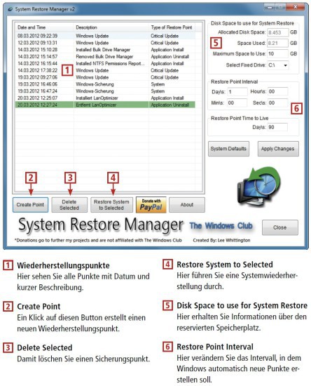 So geht’s: Der kostenlose System Restore Manager V2 listet alle Wiederherstellungspunkte auf, erstellt neue und löscht alte Punkte.
