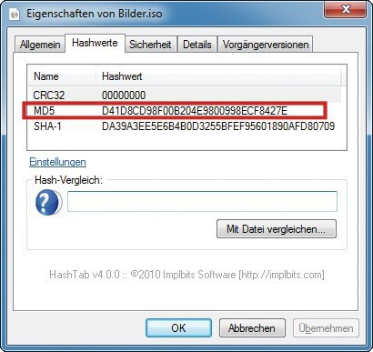 HashTab: Das Tool erweitert die „Eigenschaften“ von Dateien um das Register „Hashwerte“ mit den Prüfsummen (Bild 1).