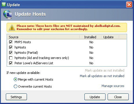 Hostsman: Das Tool verwendet die Hosts-Datei, um den Zugriff auf gefährliche Webseiten zu verhindern. Dazu lädt es Sperrlisten wie „MVPS Hosts“ und „hpHosts“ herunter (Bild 2).